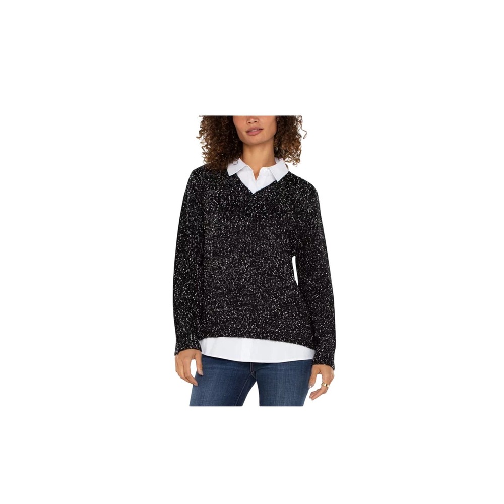 Liverpool Los Angeles Women Black White Speckled 2-In-1 Layered Sweater NEW Sz M